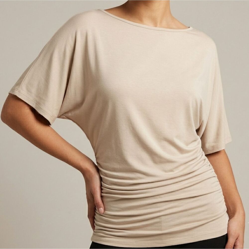 NWT OGL Beige Ruched Boat Neck Short Sleeve Fitted Classic Top Size L Capsule